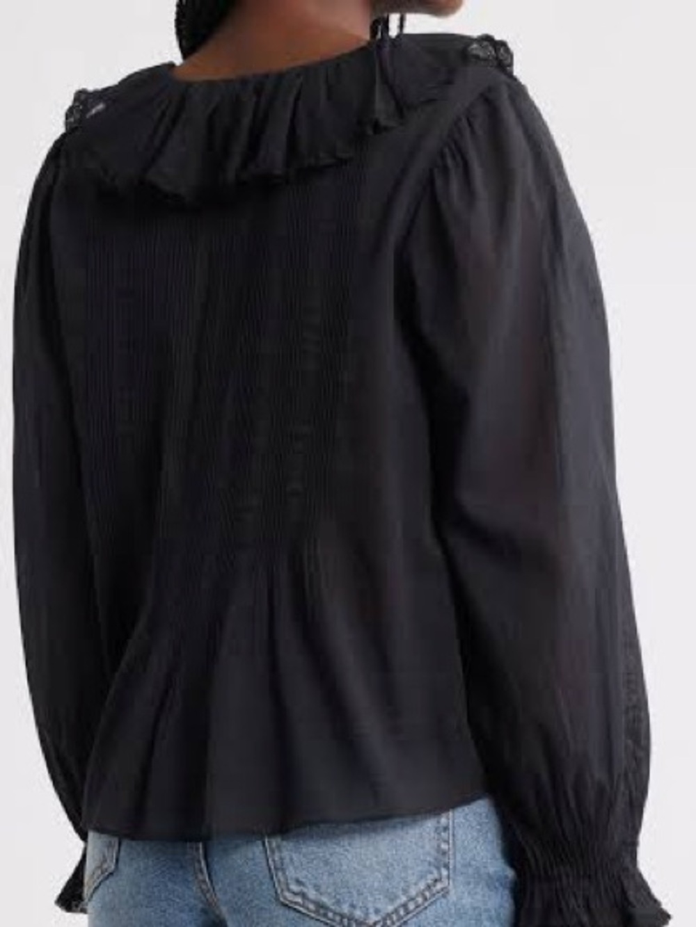 Down Black Ruffled Collar Long-Sleeve Women's Top